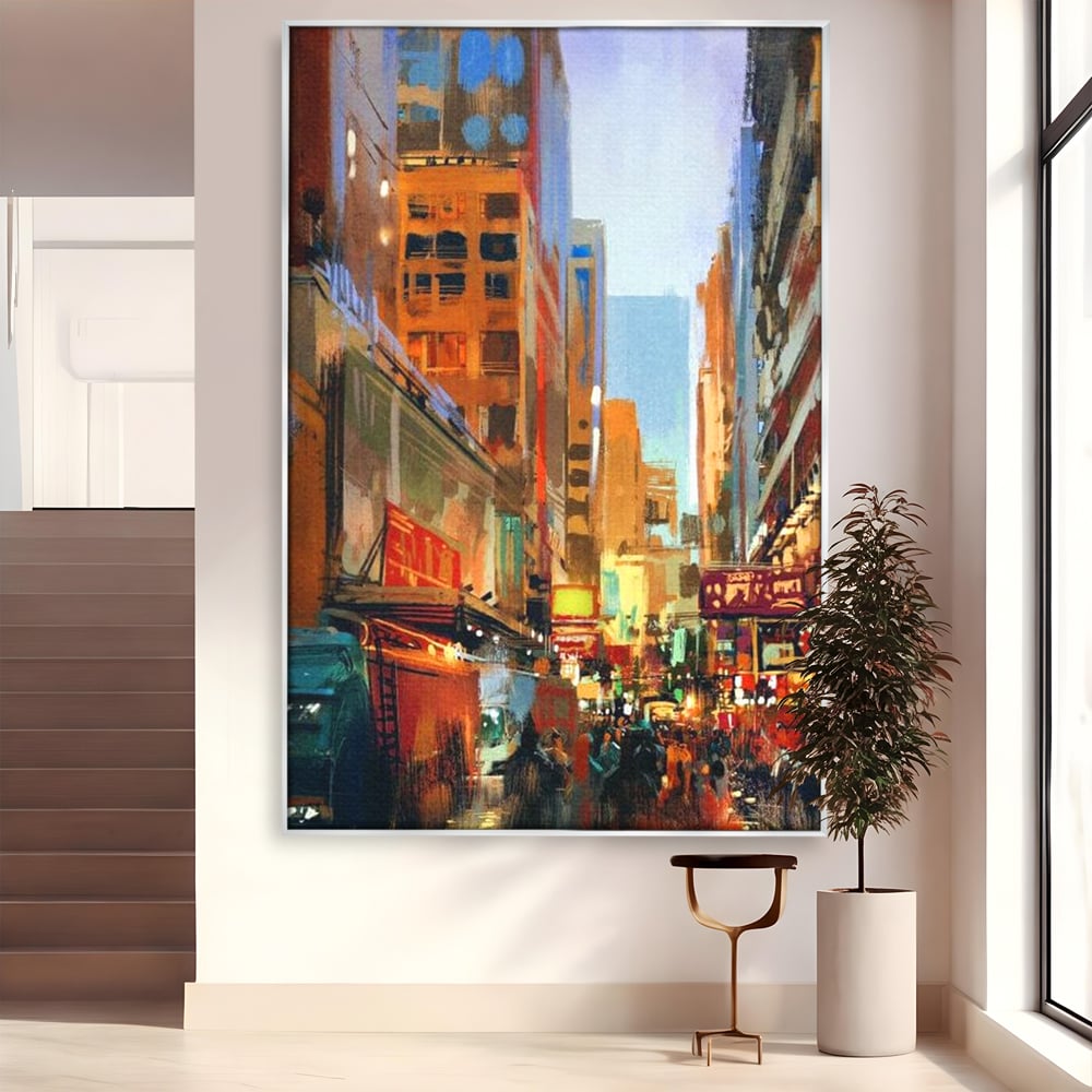 Tablou canvas cu pictura urbana cu strada din new york, in rama de aluminiu argintiu